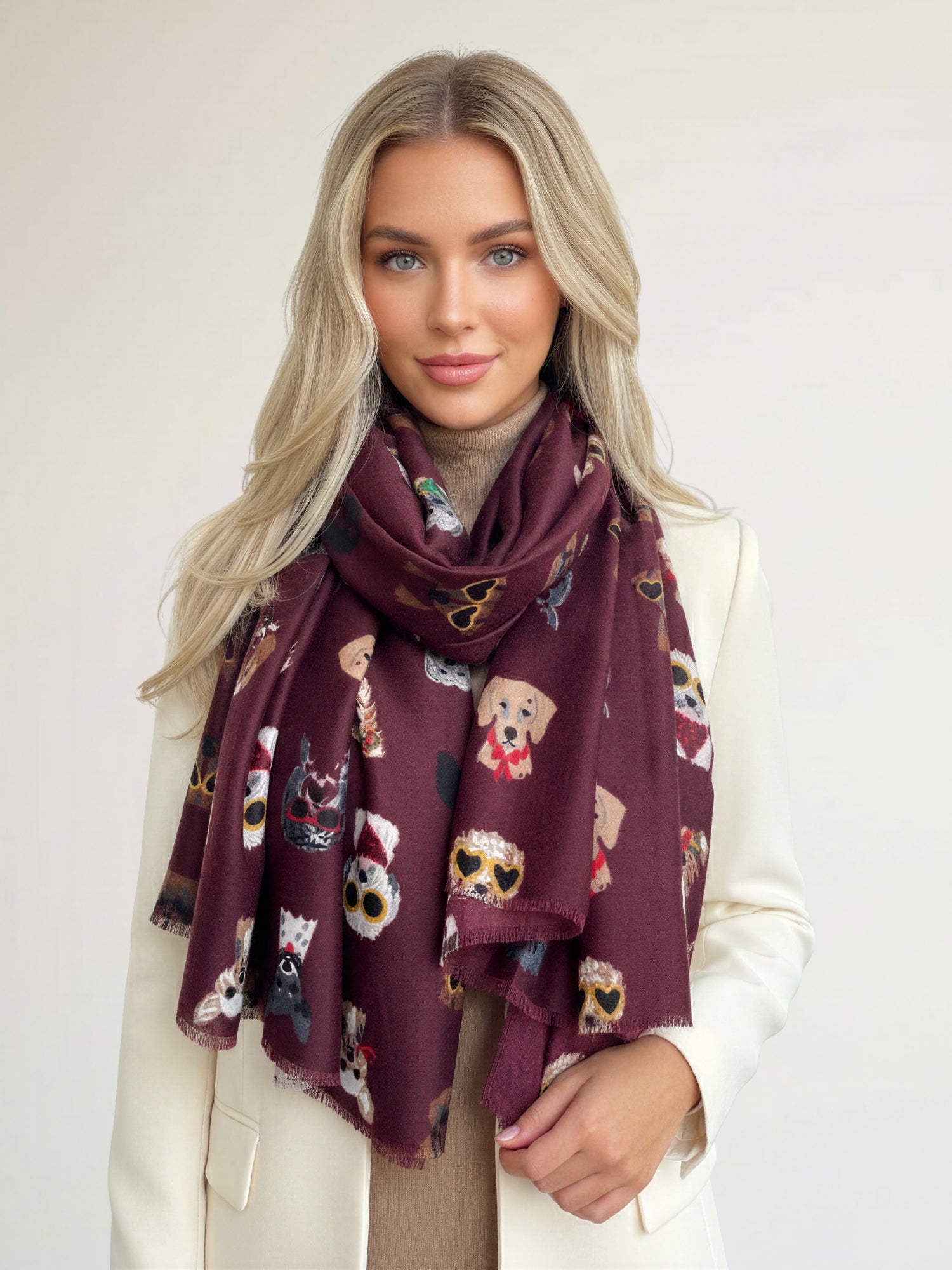 BURGUNDY COTTON BLEND DOG PRINT LIGHTWEIGHT SCARF - A-SHU.CO.UK