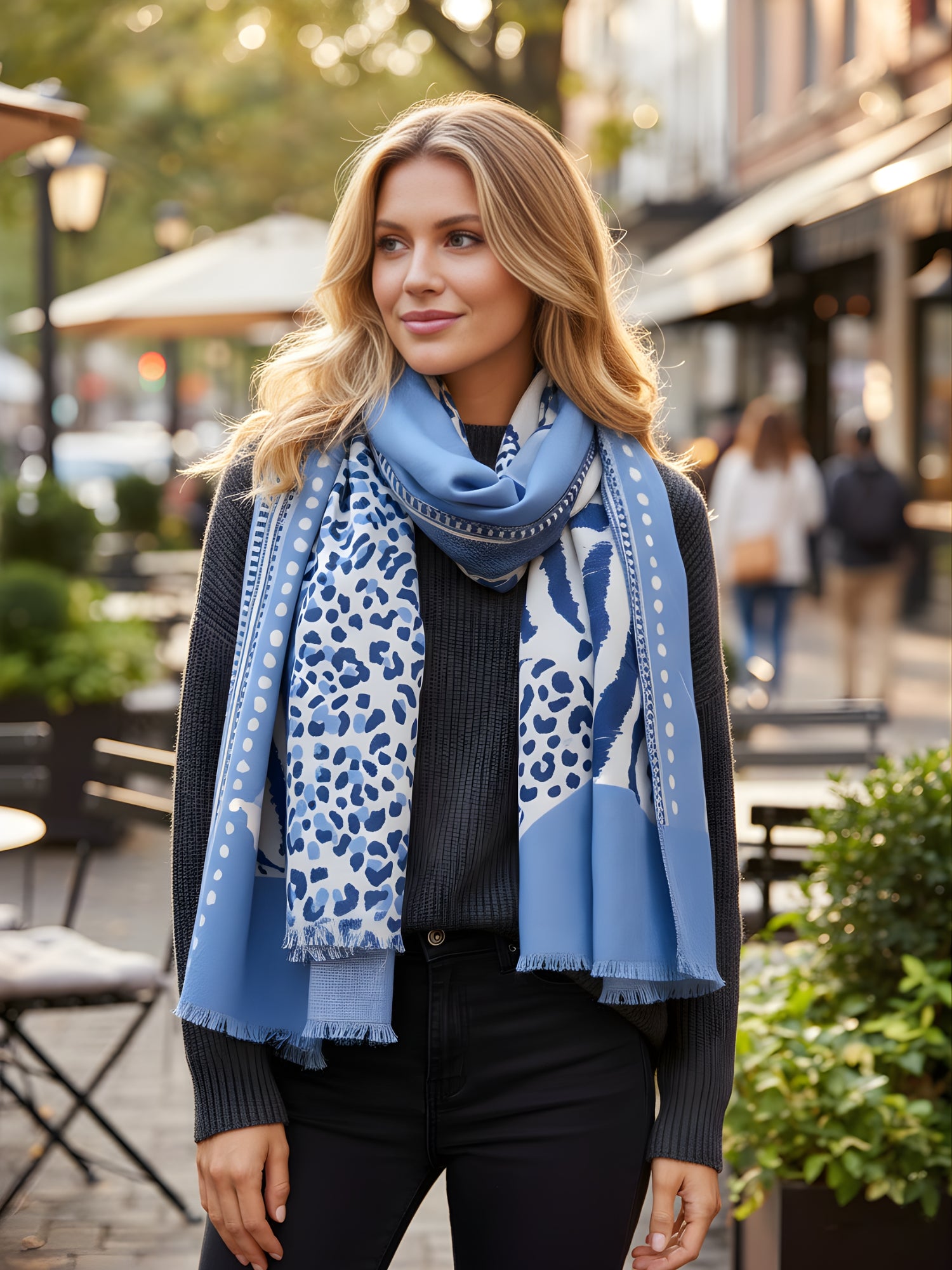 LARGE BABY BLUE TIGER AND LEOPARD PRINT SHAWL SCARF