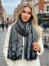 LARGE HAZED BLACK MULTI COLOUR PAISLEY PASHMINA SHAWL SCARF WRAP