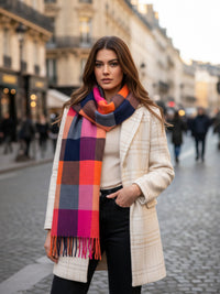LONG PINK CRINKLE COLOUR-BLOCK STRETCHY CHECK SCARF