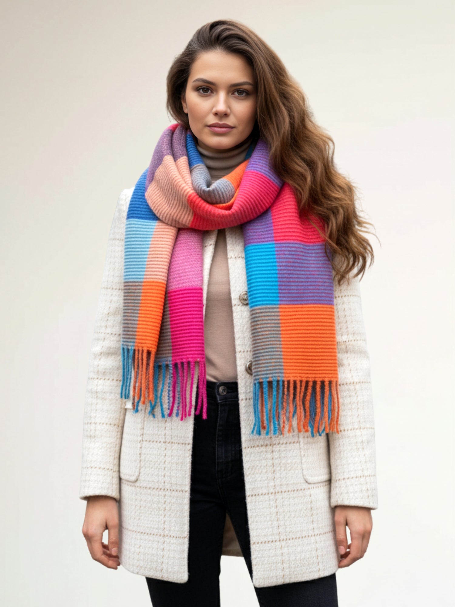 LONG MULTI CRINKLE COLOUR-BLOCK STRETCHY CHECK SCARF