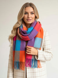 LONG MULTI CRINKLE COLOUR-BLOCK STRETCHY CHECK SCARF
