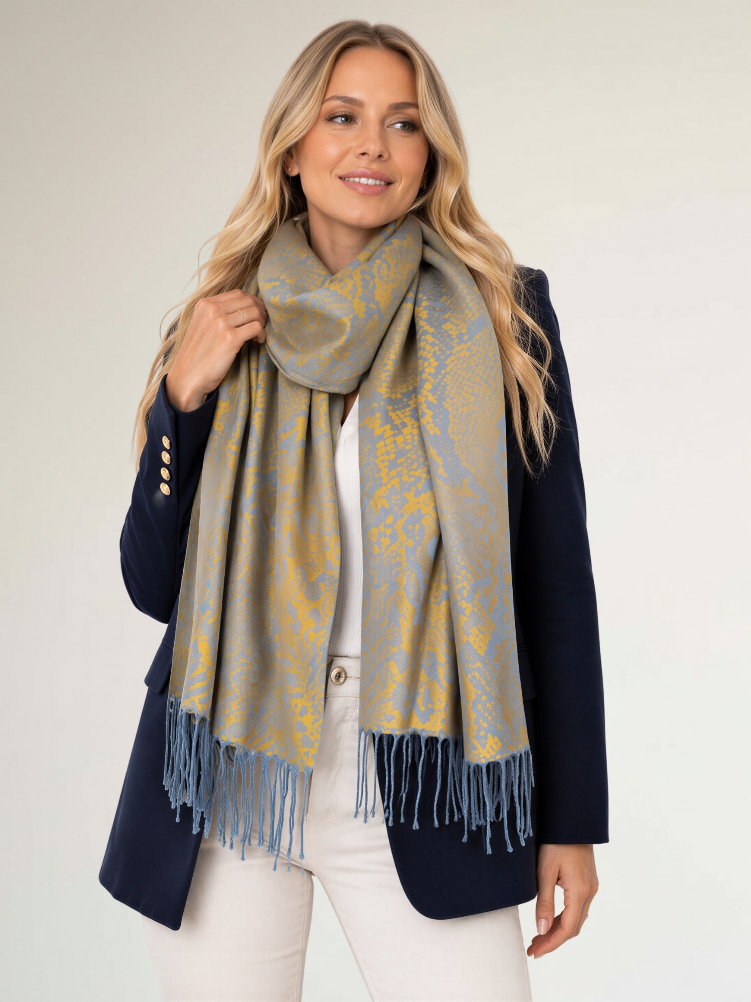 MUSTARD YELLOW LARGE SNAKESKIN PRINT REVERSIBLE PASHMINA SHAWL SCARF