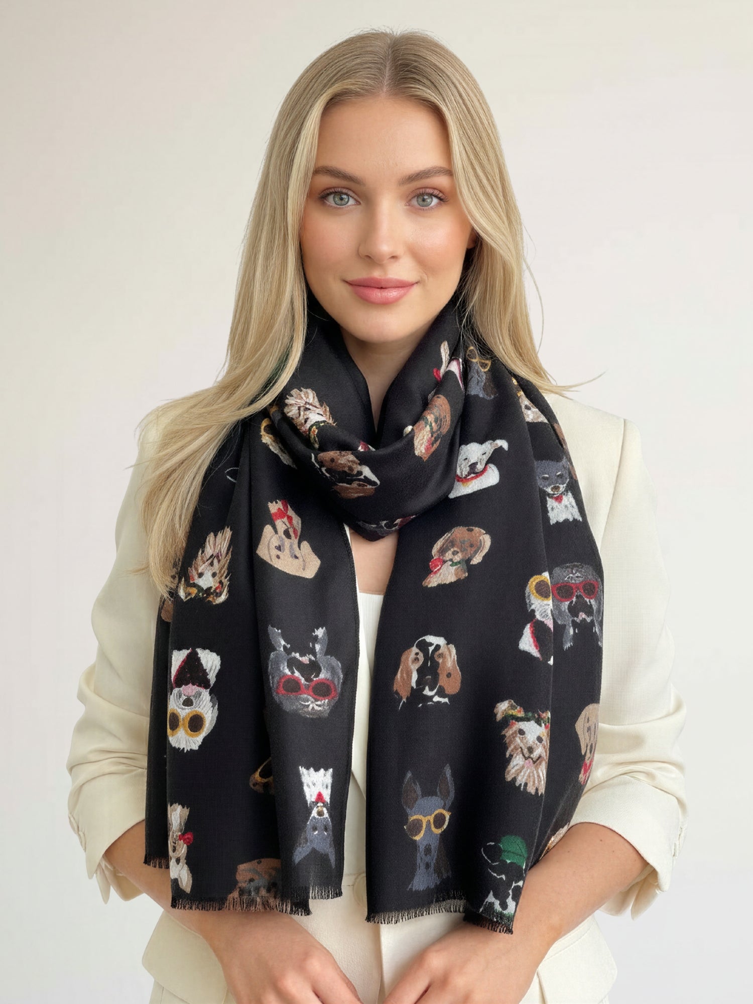 BLACK COTTON BLEND DOG PRINT LIGHTWEIGHT SCARF - A-SHU.CO.UK