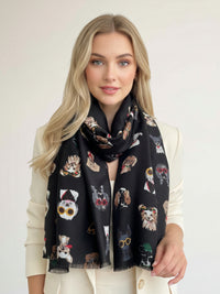 BLACK COTTON BLEND DOG PRINT LIGHTWEIGHT SCARF - A-SHU.CO.UK