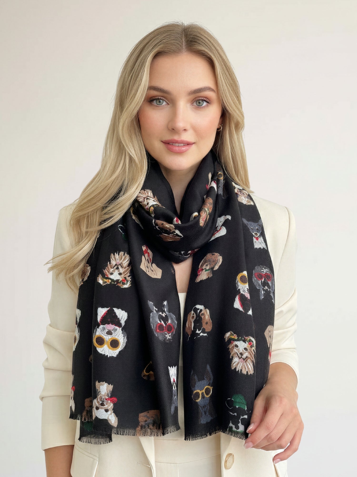BLACK COTTON BLEND DOG PRINT LIGHTWEIGHT SCARF - A-SHU.CO.UK