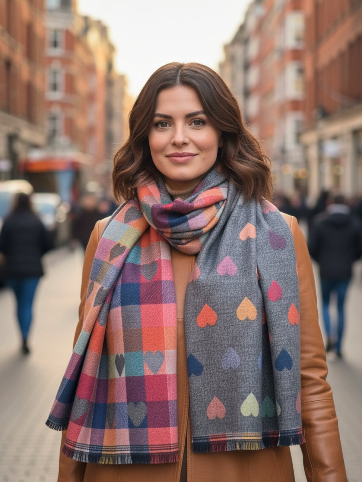 LARGE CHECKED HEART PRINT REVERSIBLE WINTER SHAWL BLANKET SCARF - SILVER GREY