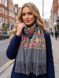 LARGE GREY FLOWER PRINT CASHMERE COTTON BLEND WINTER SHAWL BLANKET SCARF