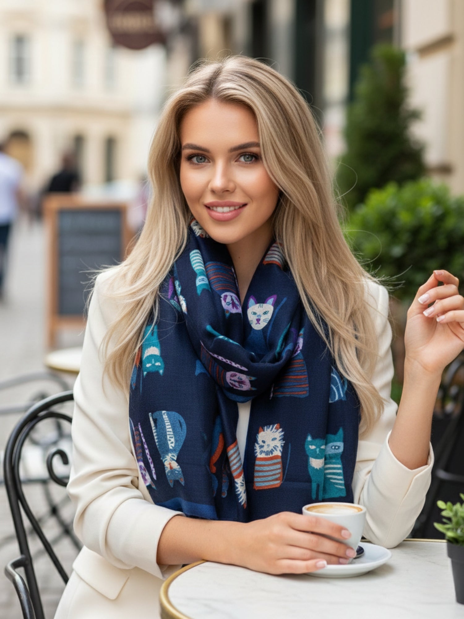 NAVY BLUE COTTON BLEND CAT PRINT LIGHTWEIGHT SCARF