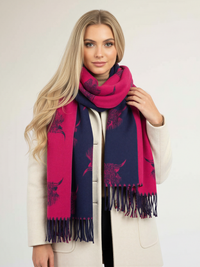 LARGE NAVY FUCHSIA HIGHLAND COW CASHMERE REVERSIBLE SHAWL SCARF
