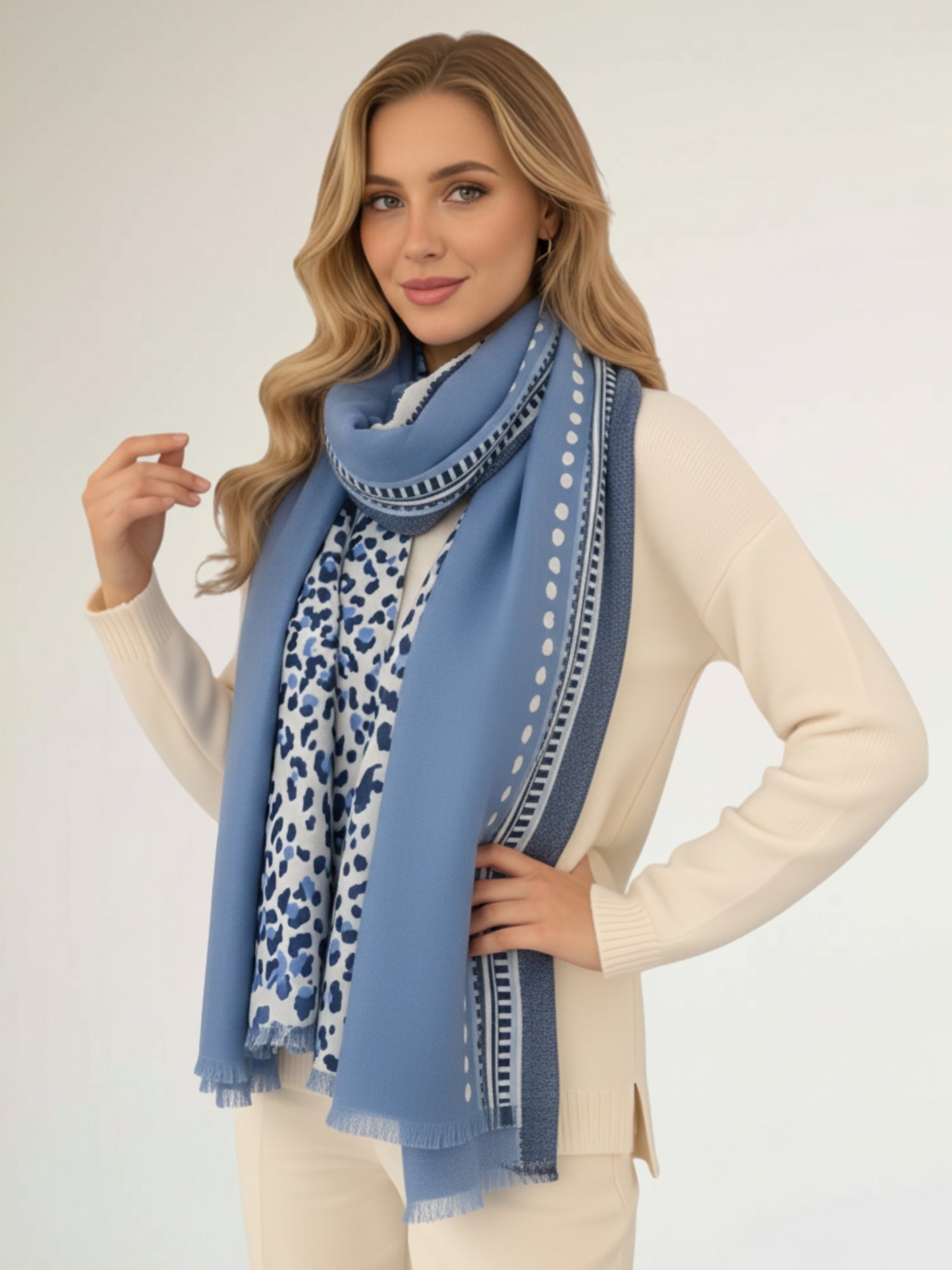 LARGE BABY BLUE TIGER AND LEOPARD PRINT SHAWL SCARF