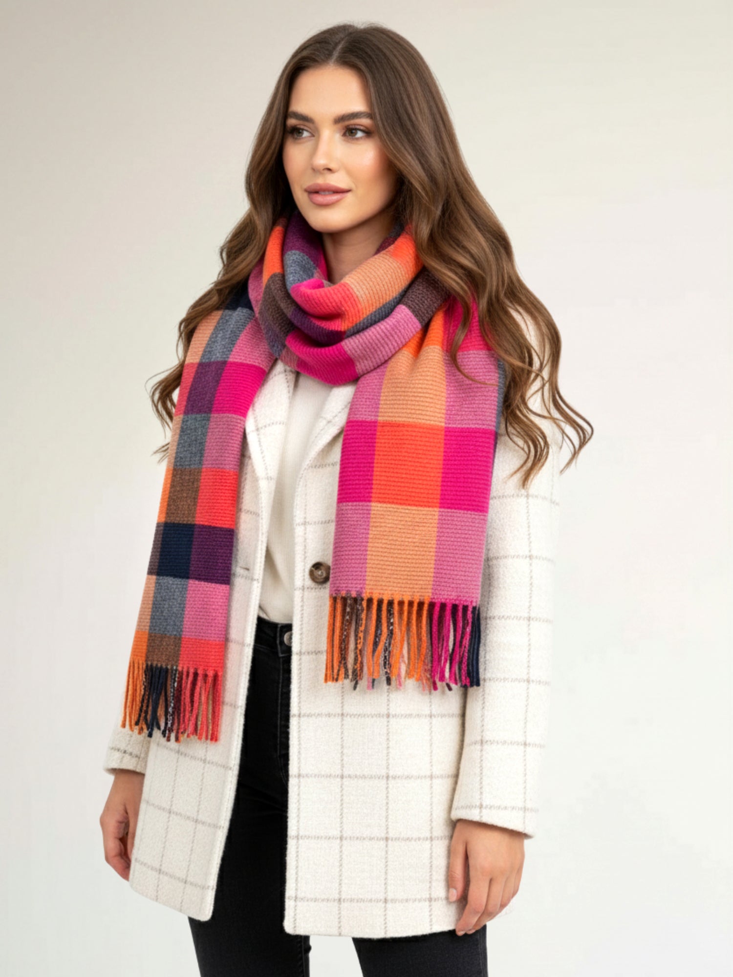 LONG PINK CRINKLE COLOUR-BLOCK STRETCHY CHECK SCARF