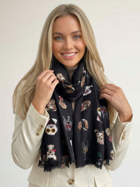 BLACK COTTON BLEND DOG PRINT LIGHTWEIGHT SCARF - A-SHU.CO.UK
