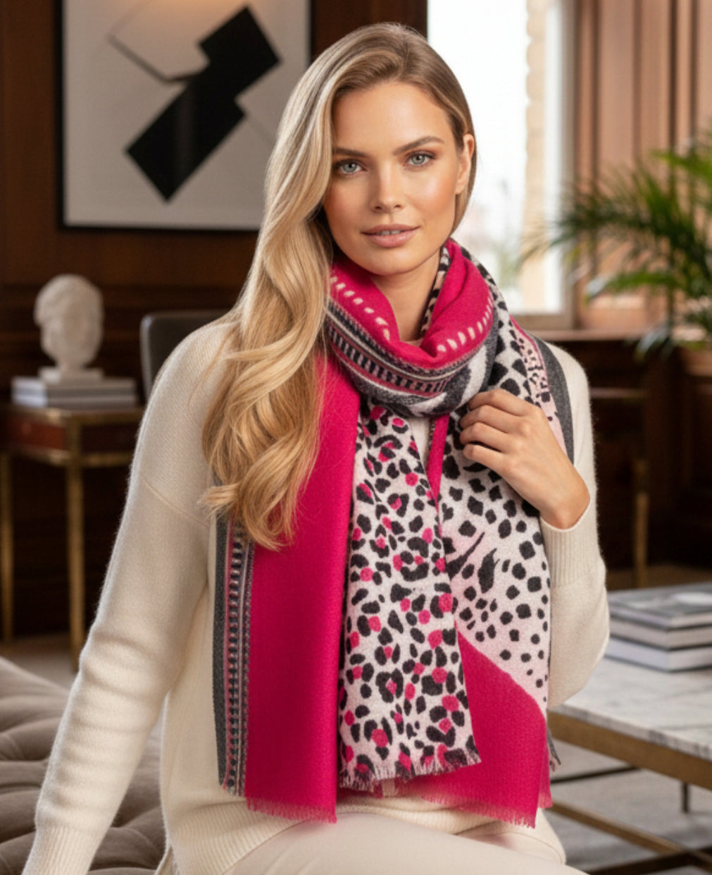 LARGE FUCHSIA PINK TIGER AND LEOPARD PRINT SHAWL SCARF - A-SHU.CO.UK