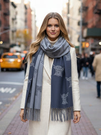 LARGE NAVY HIGHLAND COW PRINT REVERSIBLE WINTER SHAWL BLANKET SCARF