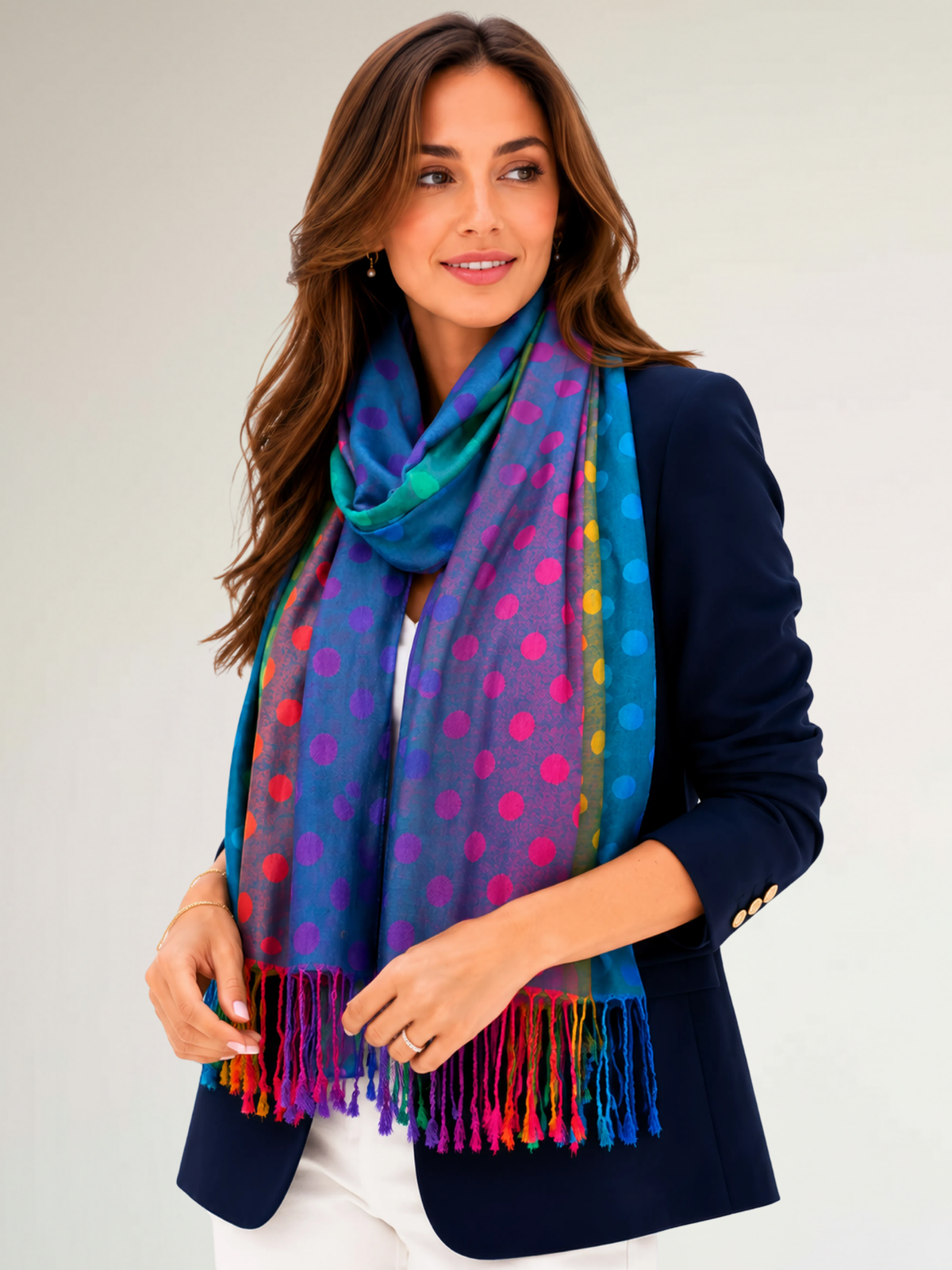 LARGE TEAL MULTI-COLOUR DOT PRINT PASHMINA SHAWL SCARF - A-SHU.CO.UK