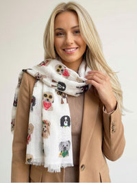 CREAM COTTON BLEND DOG PRINT LIGHTWEIGHT SCARF - A-SHU.CO.UK