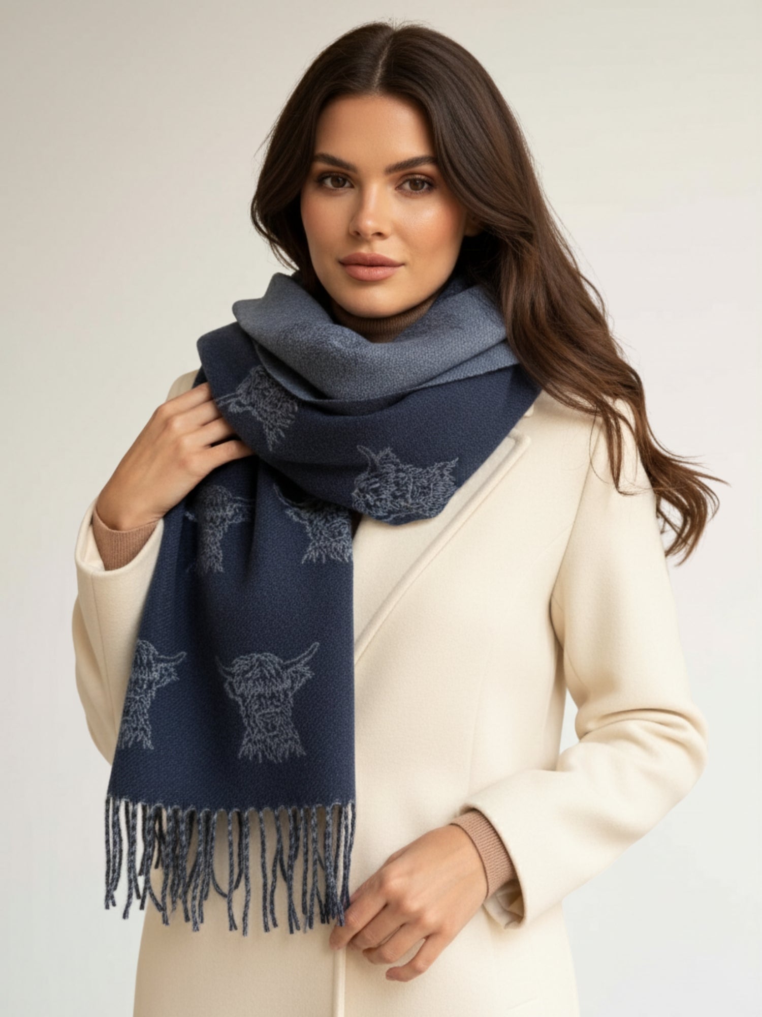 LARGE NAVY HIGHLAND COW PRINT REVERSIBLE WINTER SHAWL BLANKET SCARF