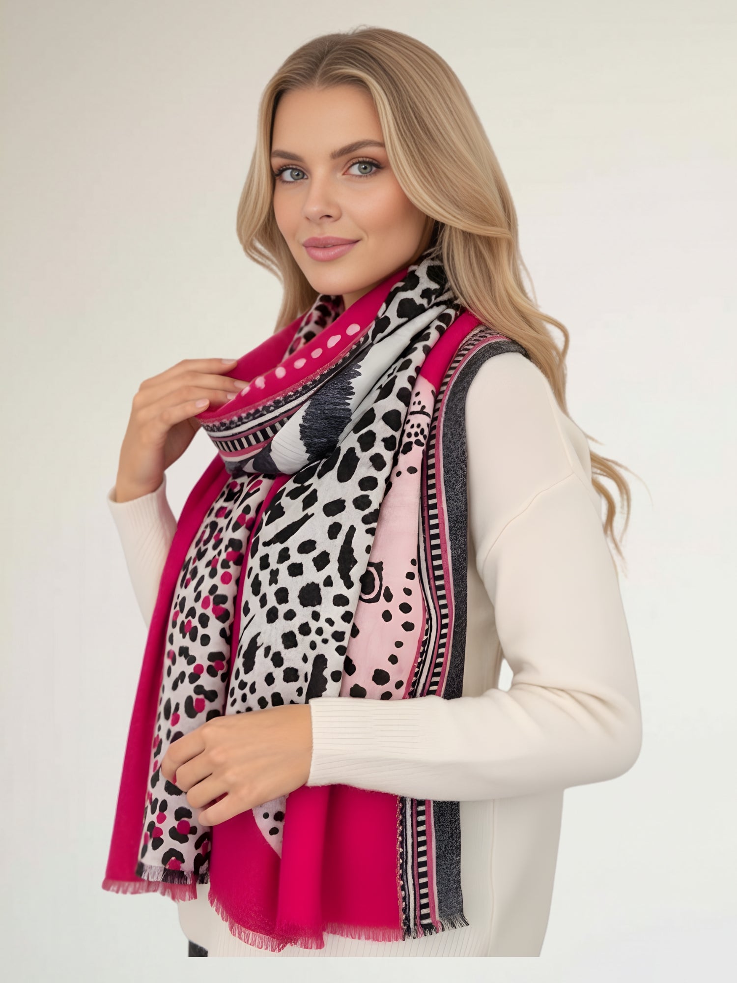 LARGE FUCHSIA PINK TIGER AND LEOPARD PRINT SHAWL SCARF - A-SHU.CO.UK