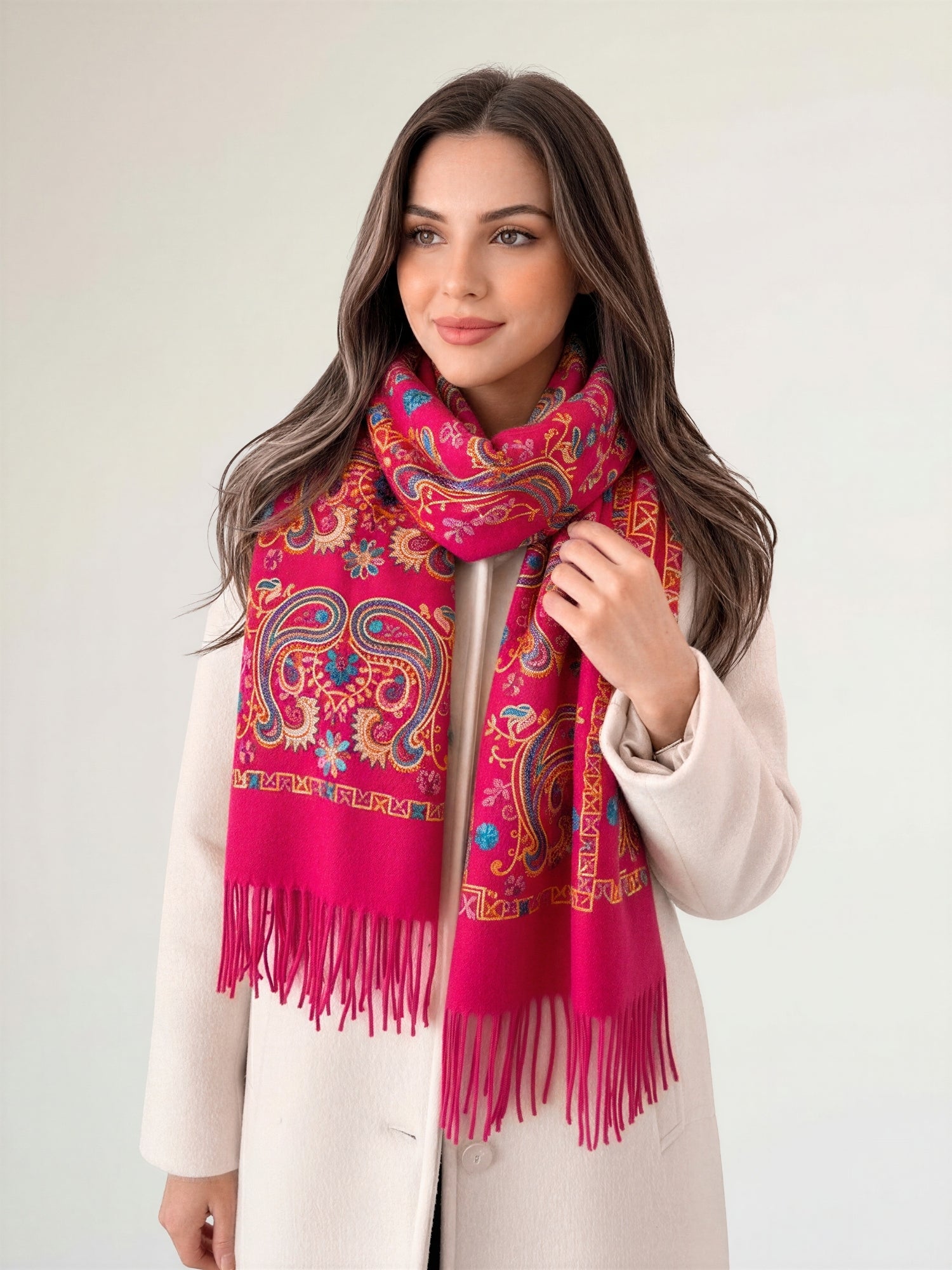 LARGE HOT PINK COLOURFUL PAISLEY CASHMERE COTTON BLEND WINTER SHAWL BLANKET SCARF