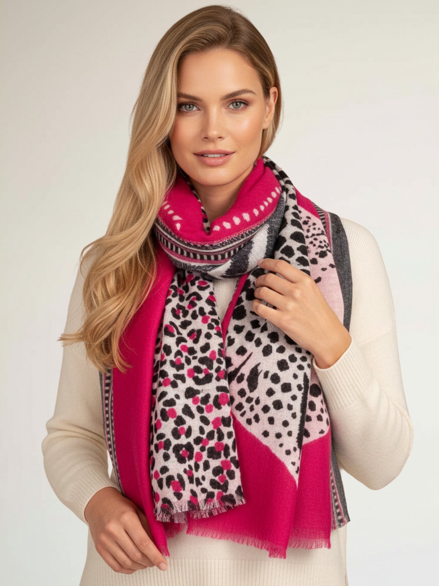 LARGE FUCHSIA PINK TIGER AND LEOPARD PRINT SHAWL SCARF - A-SHU.CO.UK