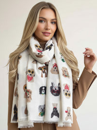 CREAM COTTON BLEND DOG PRINT LIGHTWEIGHT SCARF - A-SHU.CO.UK