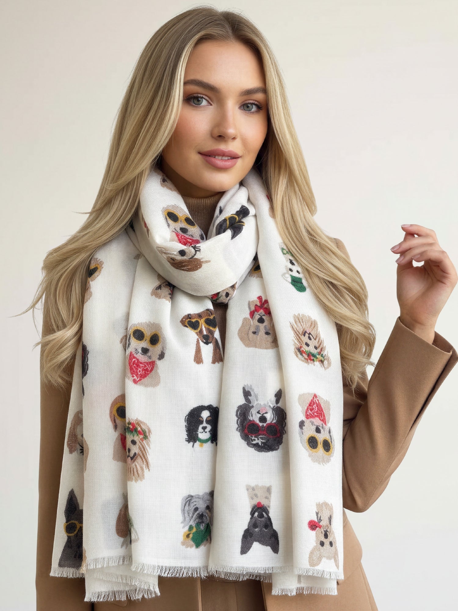 CREAM COTTON BLEND DOG PRINT LIGHTWEIGHT SCARF - A-SHU.CO.UK