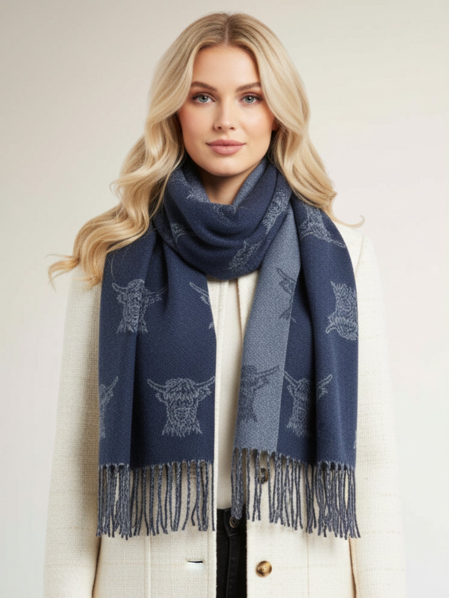LARGE NAVY HIGHLAND COW PRINT REVERSIBLE WINTER SHAWL BLANKET SCARF
