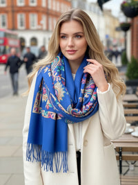 LARGE BLUE COLOURFUL PAISLEY CASHMERE COTTON BLEND WINTER SHAWL BLANKET SCARF