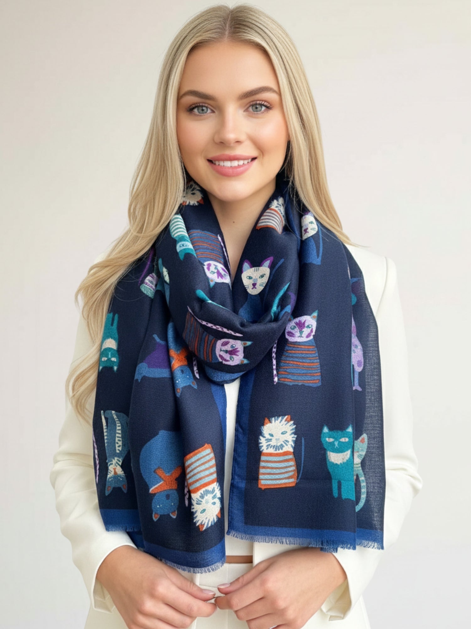 NAVY BLUE COTTON BLEND CAT PRINT LIGHTWEIGHT SCARF
