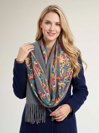 LARGE GREY FLOWER PRINT CASHMERE COTTON BLEND WINTER SHAWL BLANKET SCARF