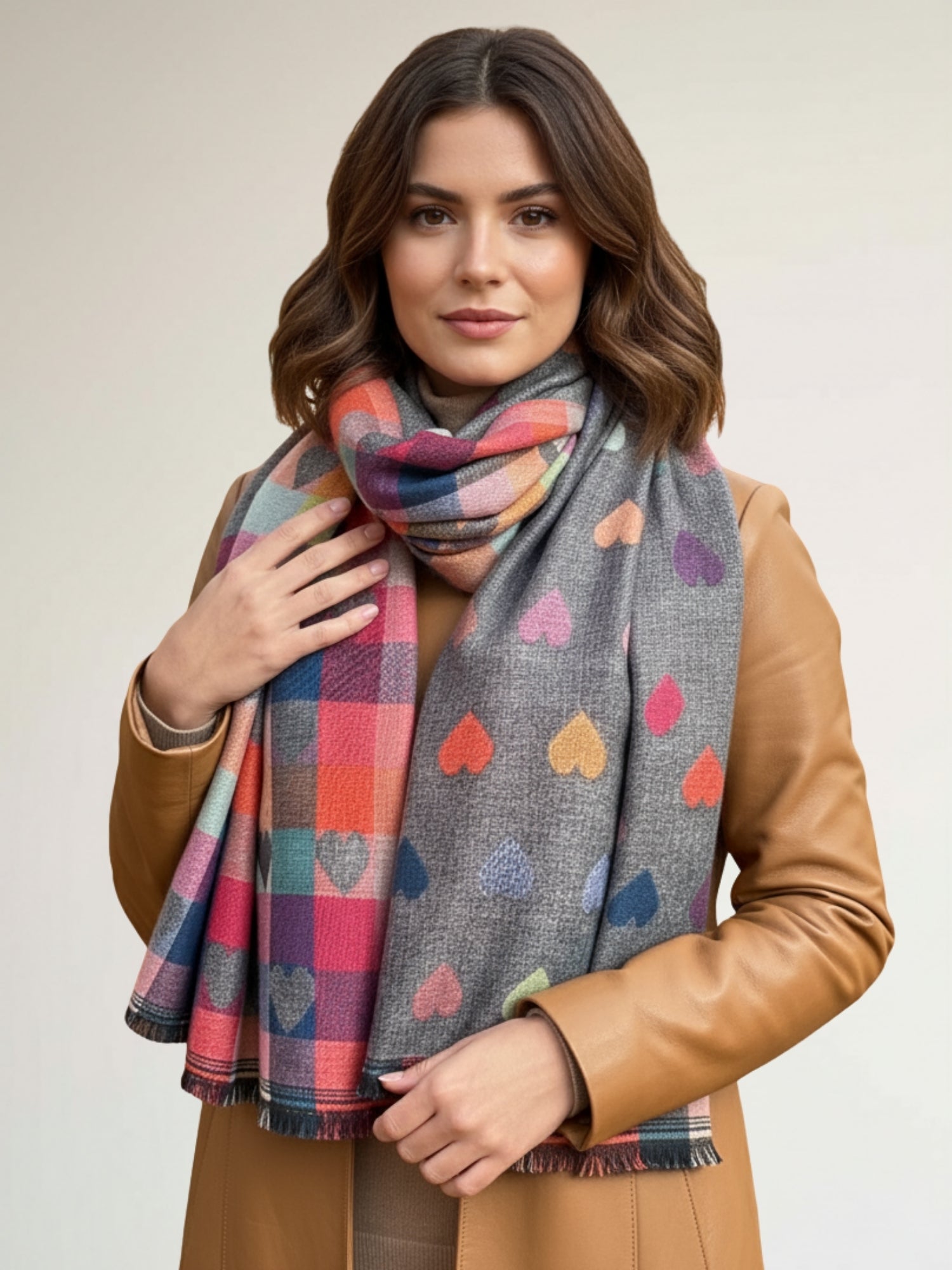 LARGE CHECKED HEART PRINT REVERSIBLE WINTER SHAWL BLANKET SCARF - SILVER GREY