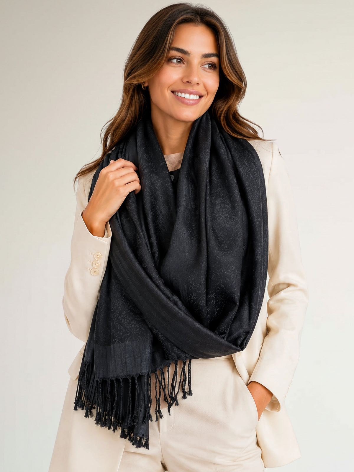 BLACK PAISLEY PRINT REVERSIBLE PASHMINA SHAWL SCARF - A-SHU.CO.UK