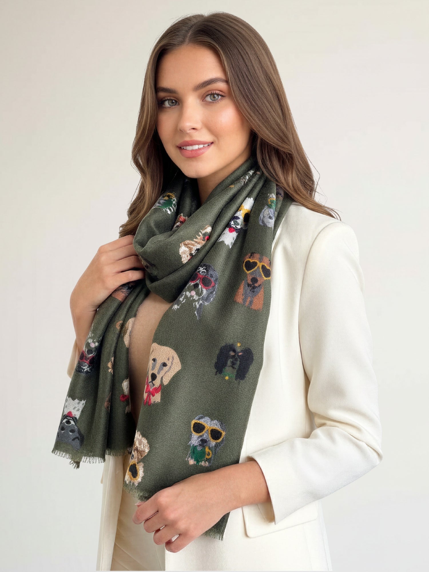 GREEN COTTON BLEND DOG PRINT LIGHTWEIGHT SCARF - A-SHU.CO.UK