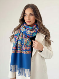 LARGE BLUE COLOURFUL PAISLEY CASHMERE COTTON BLEND WINTER SHAWL BLANKET SCARF