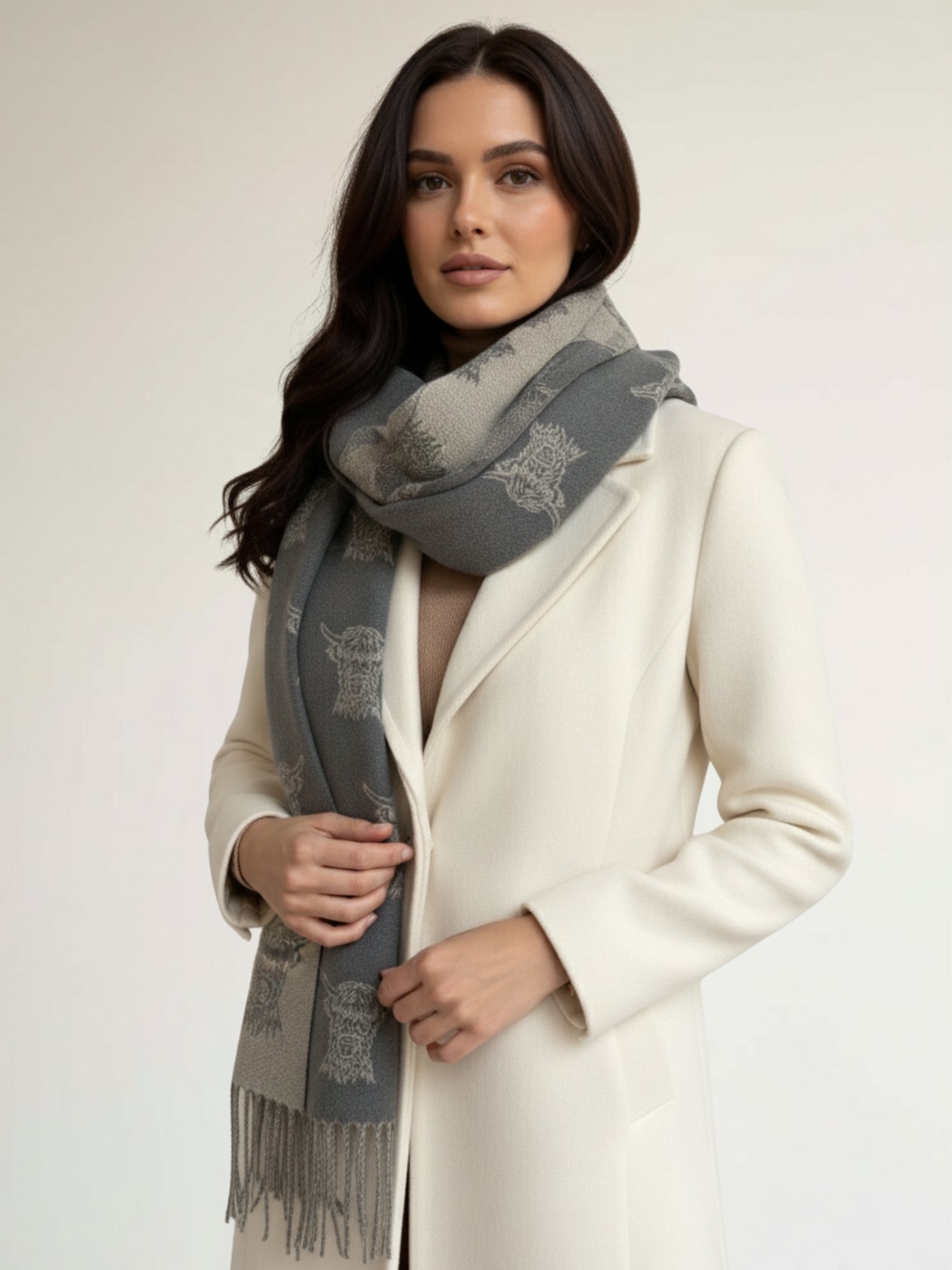 LARGE GREY HIGHLAND COW PRINT REVERSIBLE WINTER SHAWL BLANKET SCARF