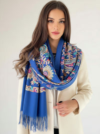 LARGE BLUE COLOURFUL PAISLEY CASHMERE COTTON BLEND WINTER SHAWL BLANKET SCARF