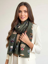 GREEN COTTON BLEND DOG PRINT LIGHTWEIGHT SCARF - A-SHU.CO.UK