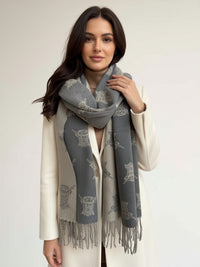LARGE GREY HIGHLAND COW PRINT REVERSIBLE WINTER SHAWL BLANKET SCARF