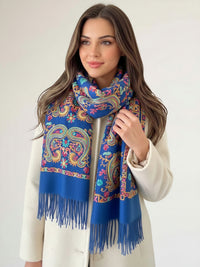 LARGE BLUE COLOURFUL PAISLEY CASHMERE COTTON BLEND WINTER SHAWL BLANKET SCARF