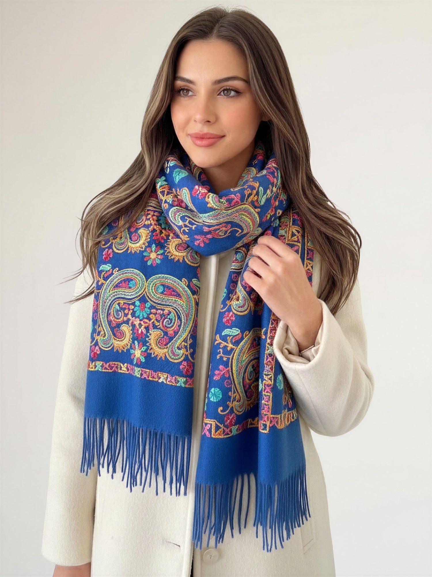 LARGE BLUE COLOURFUL PAISLEY CASHMERE COTTON BLEND WINTER SHAWL BLANKET SCARF