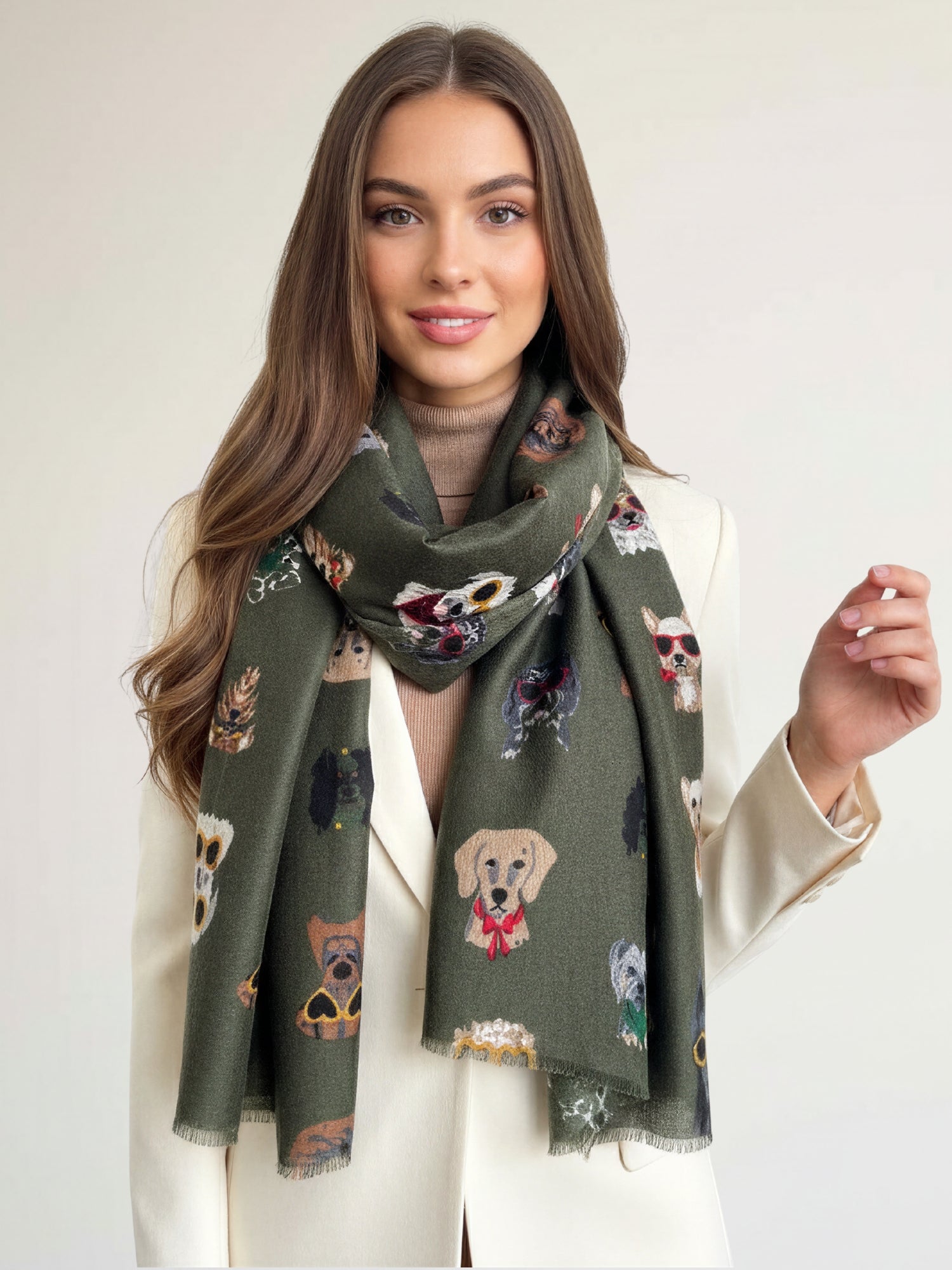 GREEN COTTON BLEND DOG PRINT LIGHTWEIGHT SCARF - A-SHU.CO.UK