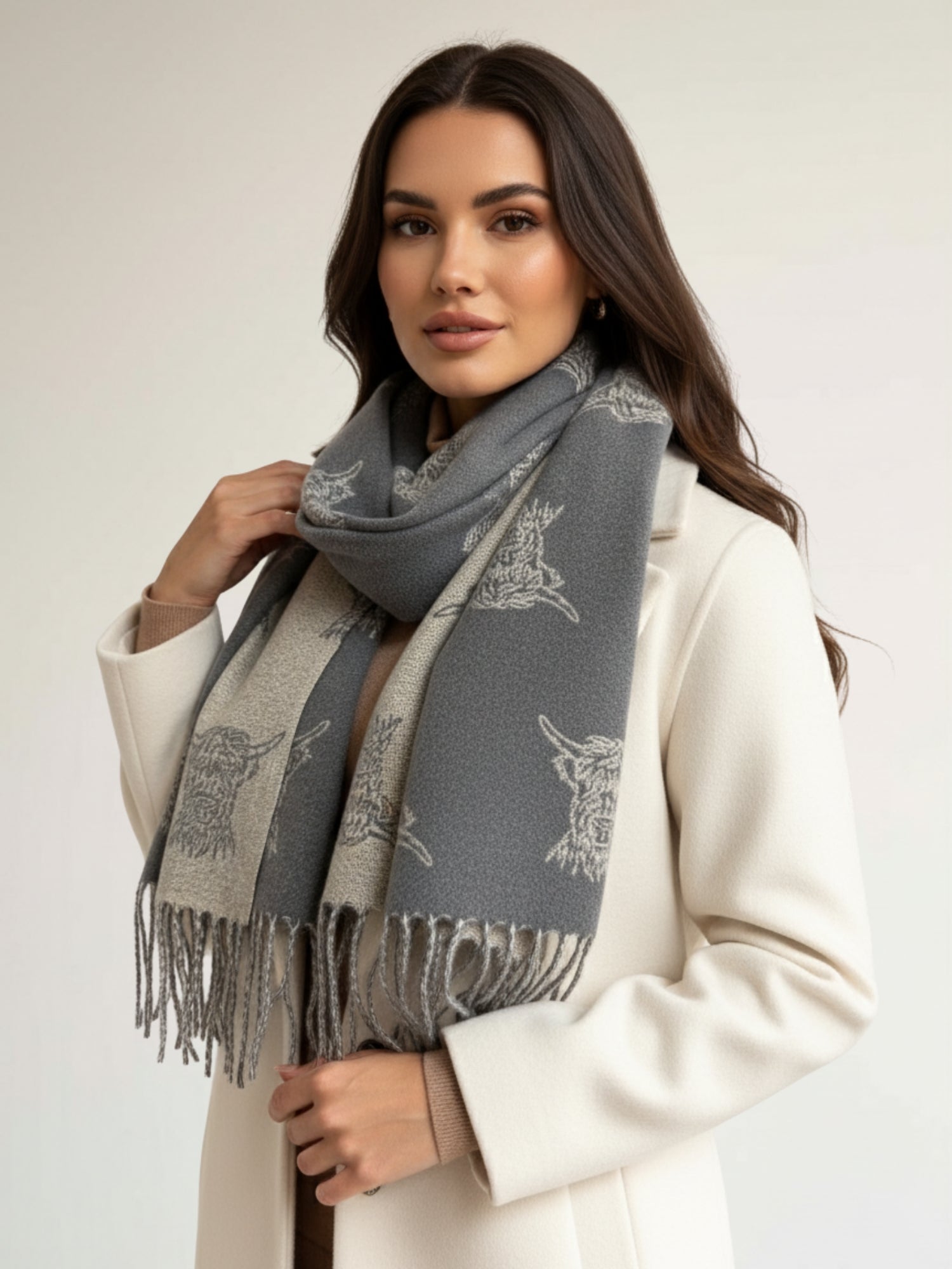 LARGE GREY HIGHLAND COW PRINT REVERSIBLE WINTER SHAWL BLANKET SCARF