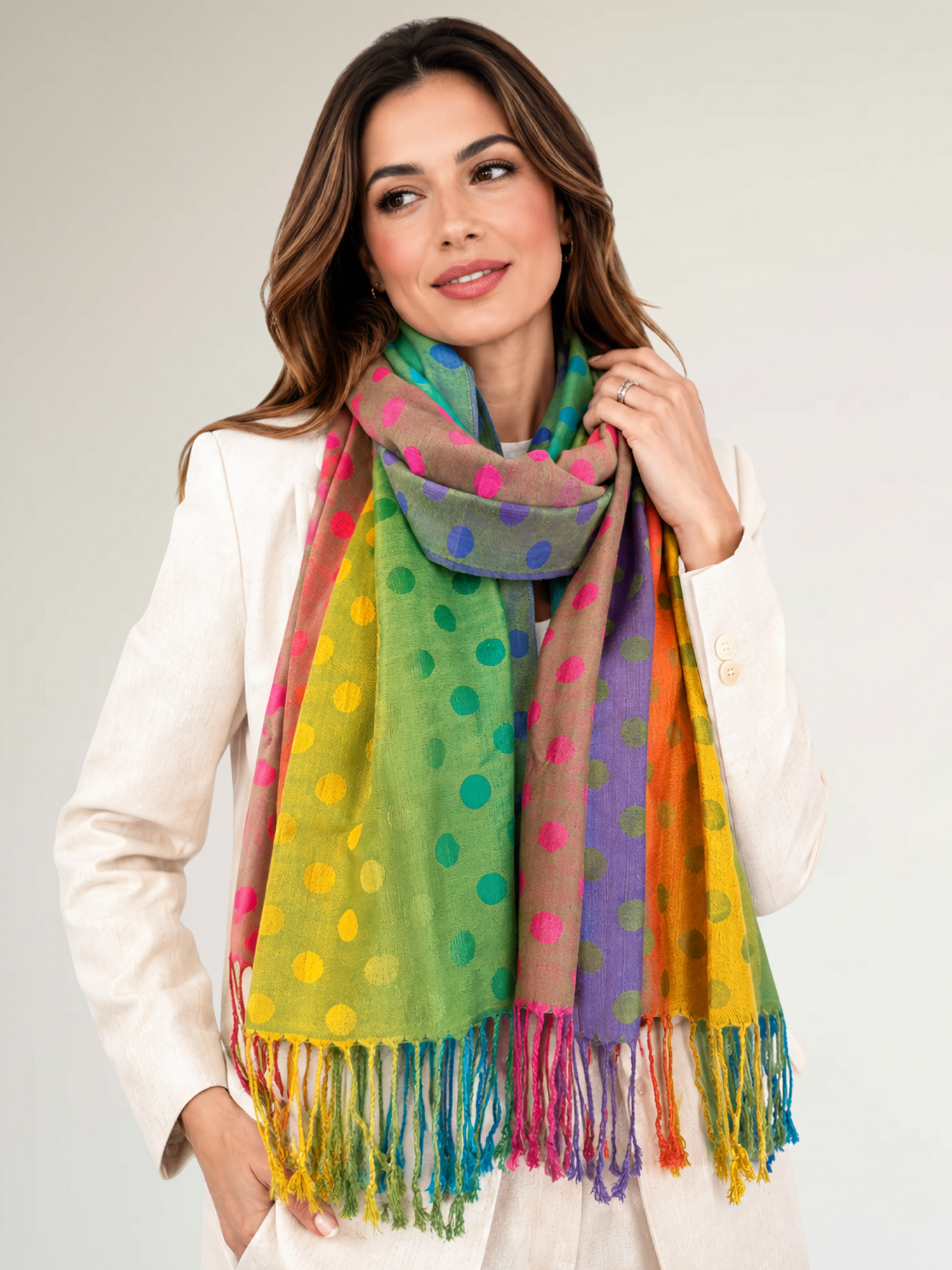 LARGE LIME YELLOW MULTI-COLOUR DOT PRINT PASHMINA SHAWL SCARF - A-SHU.CO.UK