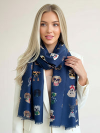 NAVY BLUE COTTON BLEND DOG PRINT LIGHTWEIGHT SCARF - A-SHU.CO.UK