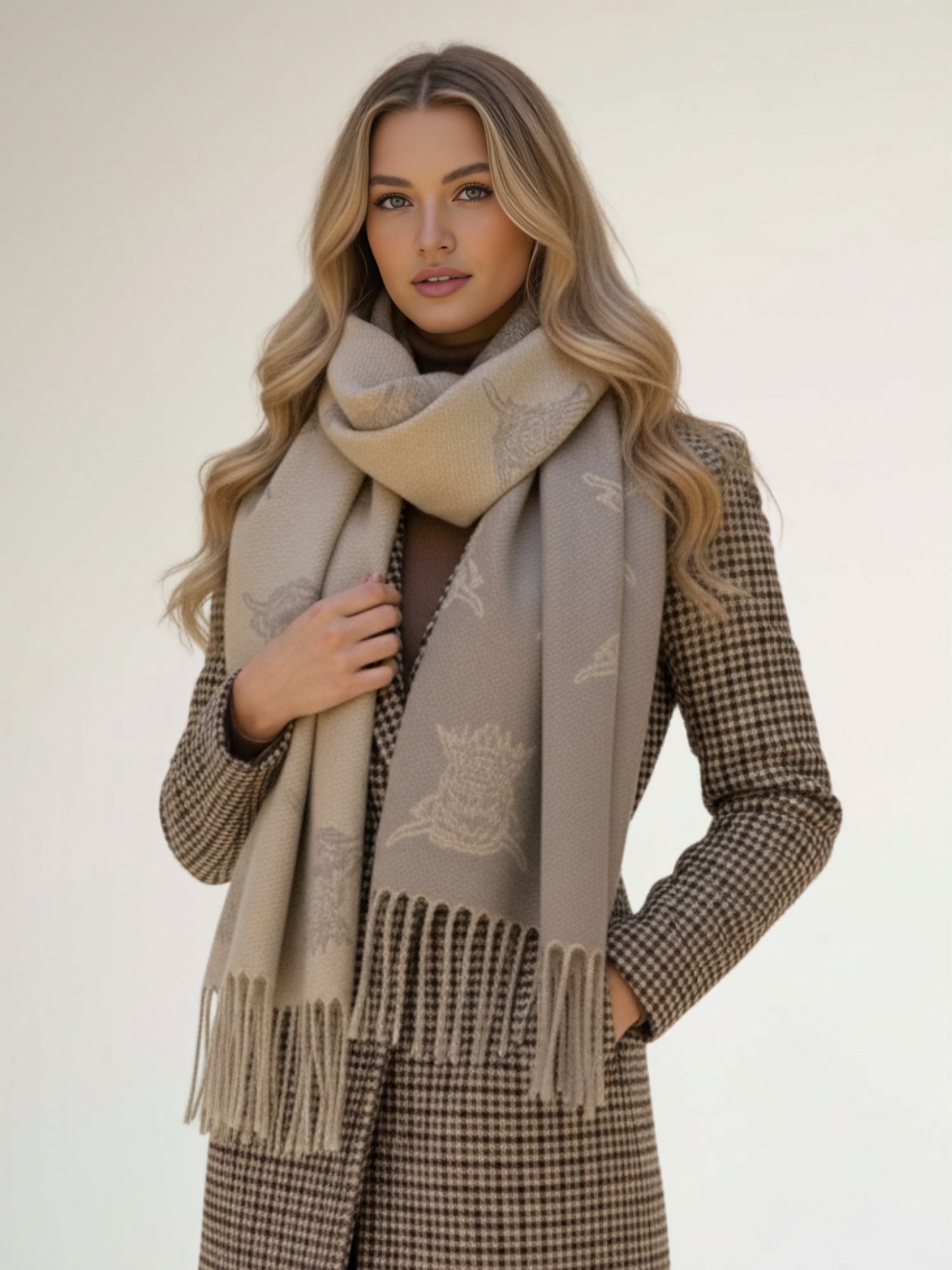 LARGE CREAM HIGHLAND COW PRINT REVERSIBLE WINTER SHAWL BLANKET SCARF