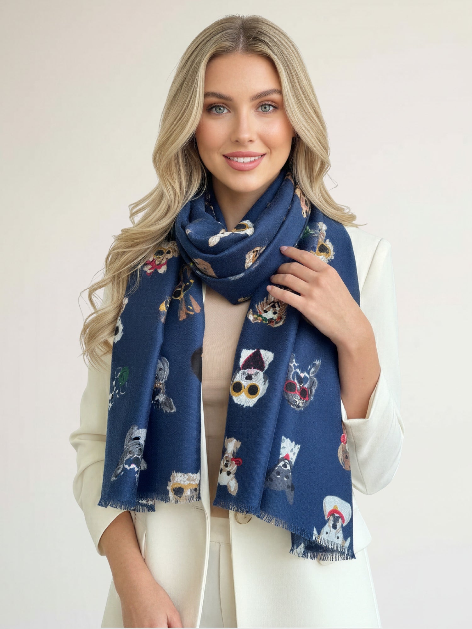 NAVY BLUE COTTON BLEND DOG PRINT LIGHTWEIGHT SCARF - A-SHU.CO.UK