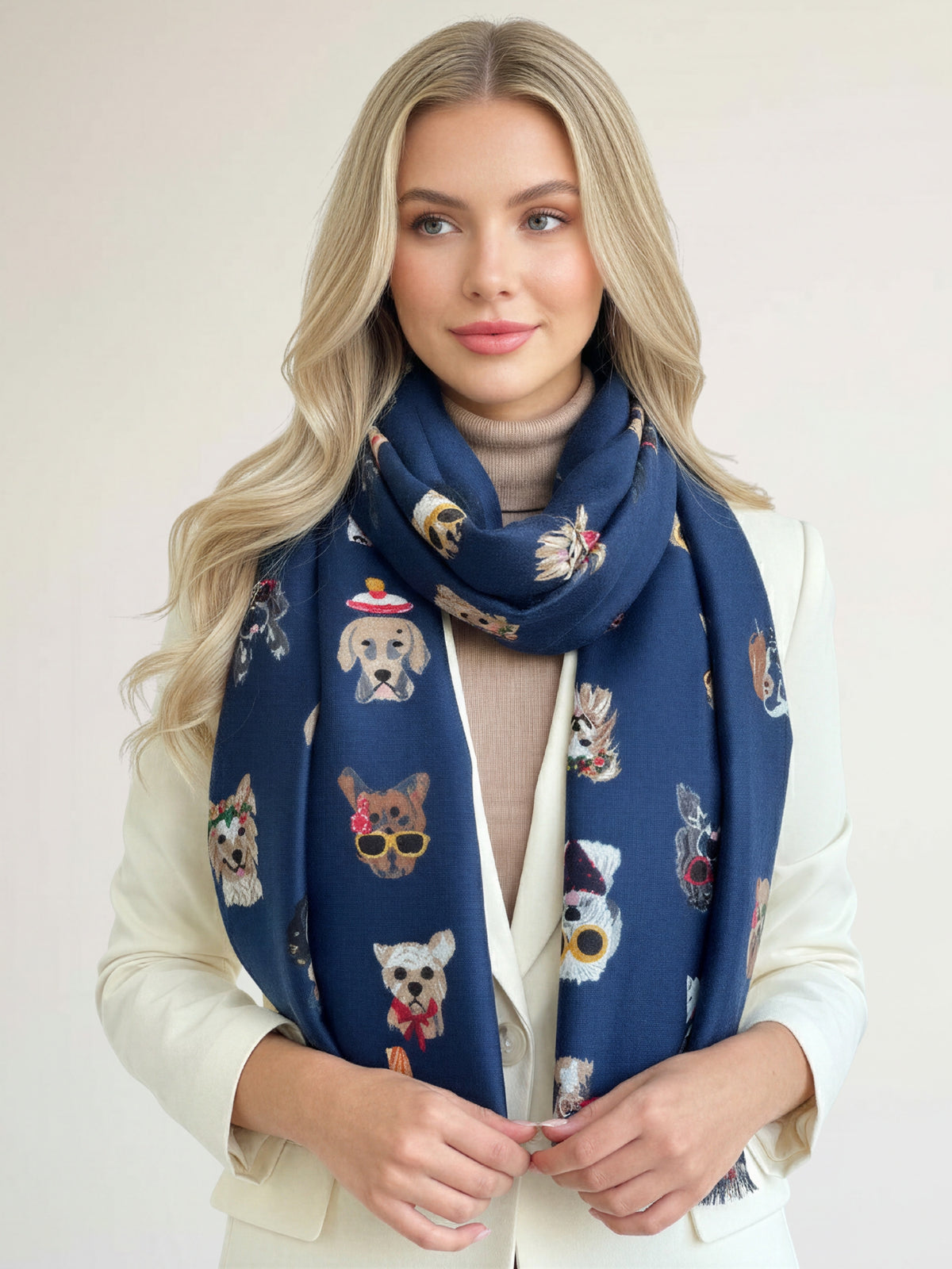 NAVY BLUE COTTON BLEND DOG PRINT LIGHTWEIGHT SCARF - A-SHU.CO.UK
