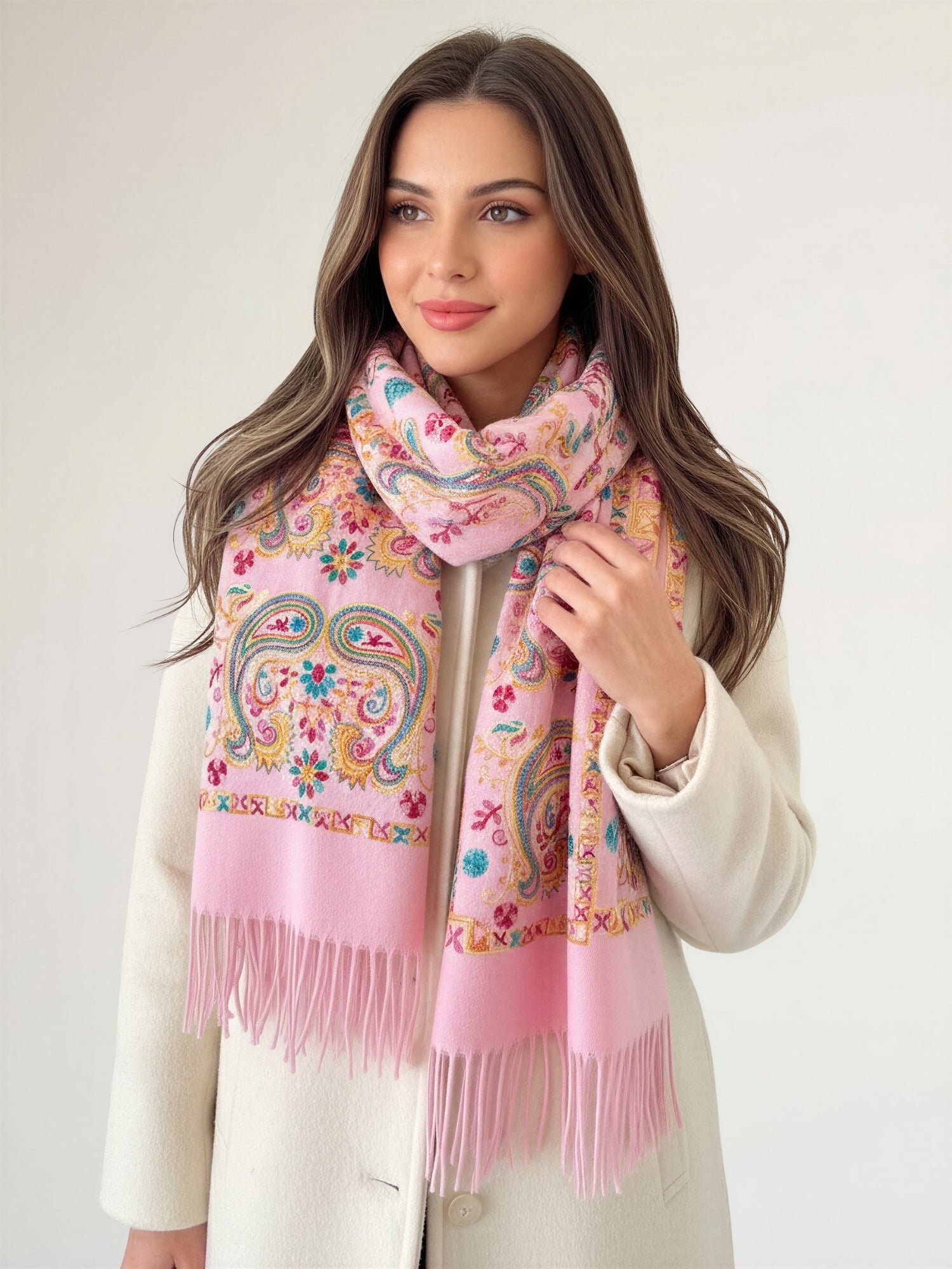 LARGE PINK COLOURFUL PAISLEY CASHMERE COTTON BLEND WINTER SHAWL BLANKET SCARF