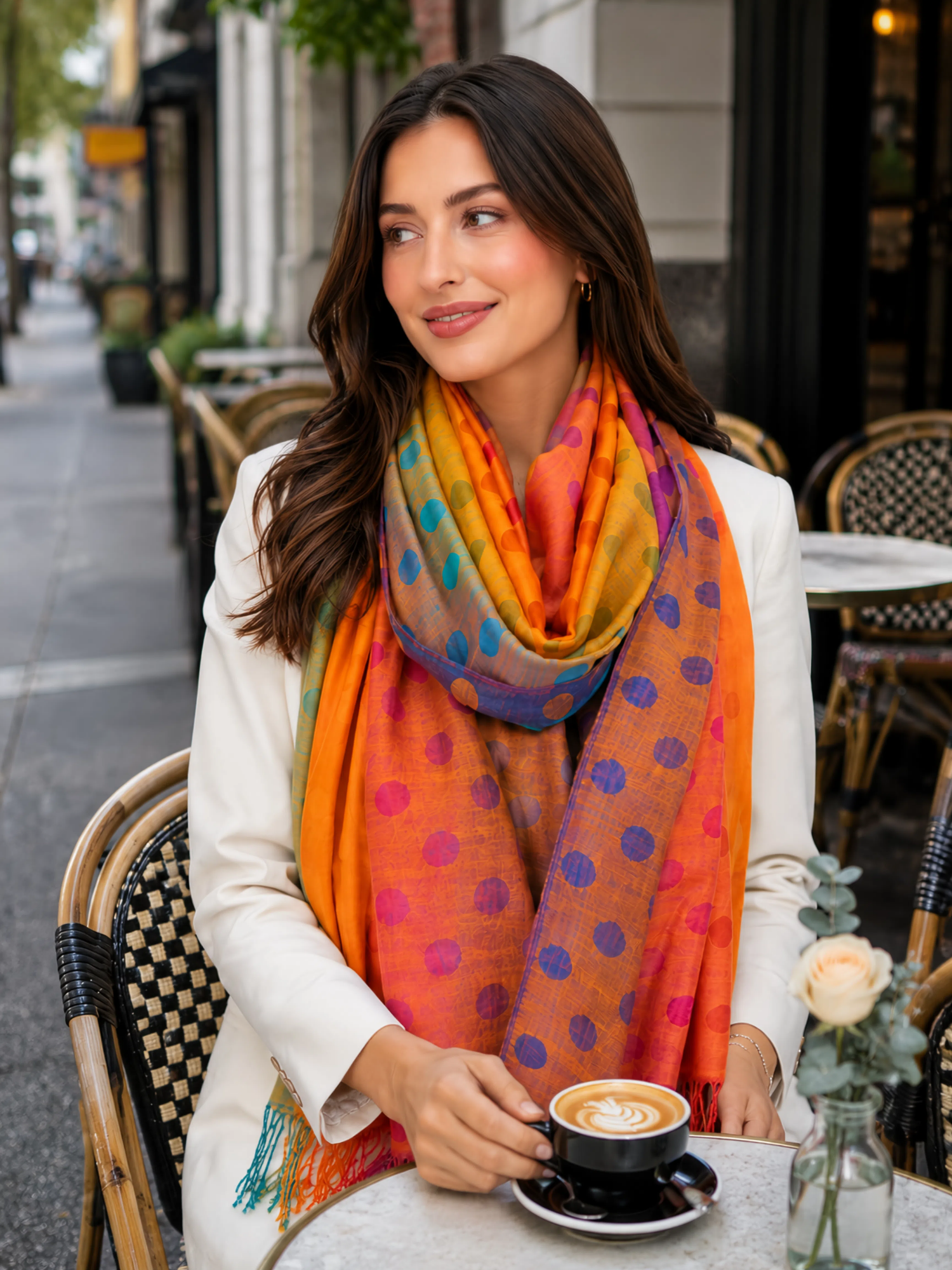 LARGE ORANGE MULTI-COLOUR DOT PRINT PASHMINA SHAWL SCARF - A-SHU.CO.UK